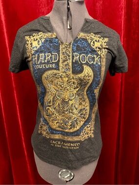 Hard Rock Couture Owl Guitar T-Shirt with Gold and Blue Guitar Graphic